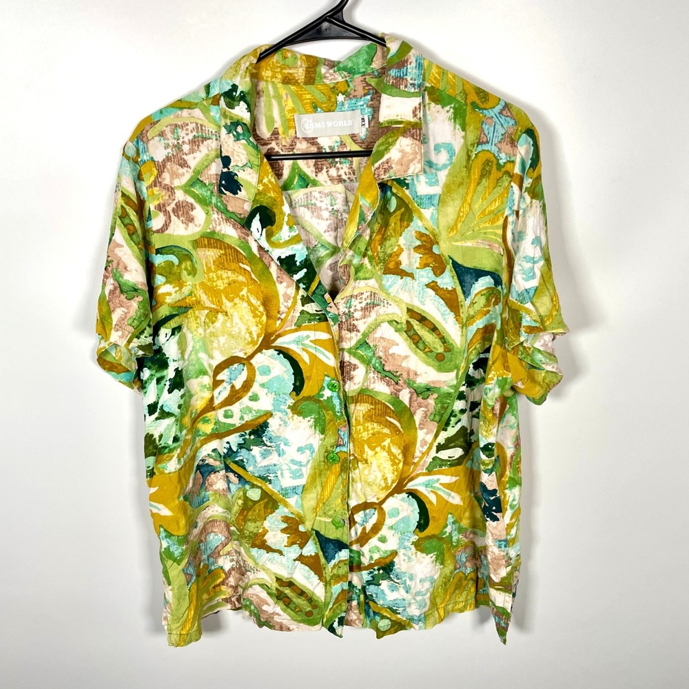 Jams World Mens XXL Mosaic Fern Rayon Button Up Aloha Top Green Yellow Rare HTF